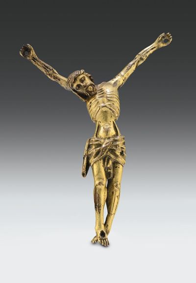 Figura di Cristo Morto in Bronzo Fuso, Cesellato e Dorato, Arte Tedesca o Fiamminga XV Secolo