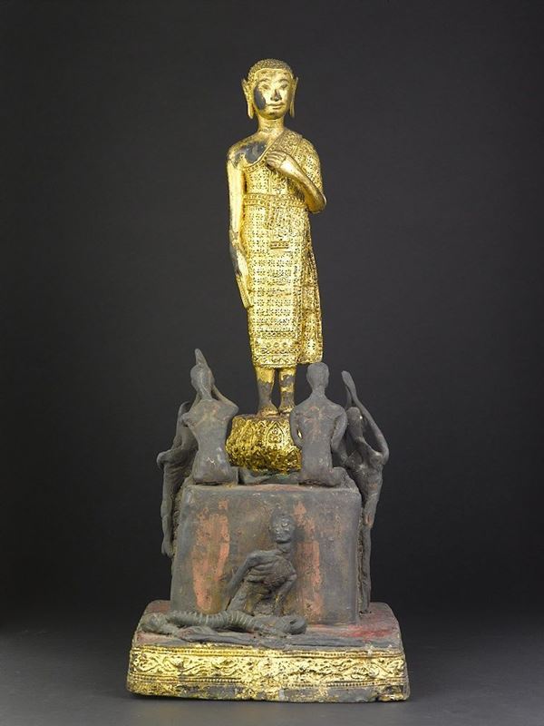 Gruppo in bronzo dorato raffigurante adorazione di Buddha, Thailandia, XIX secolo