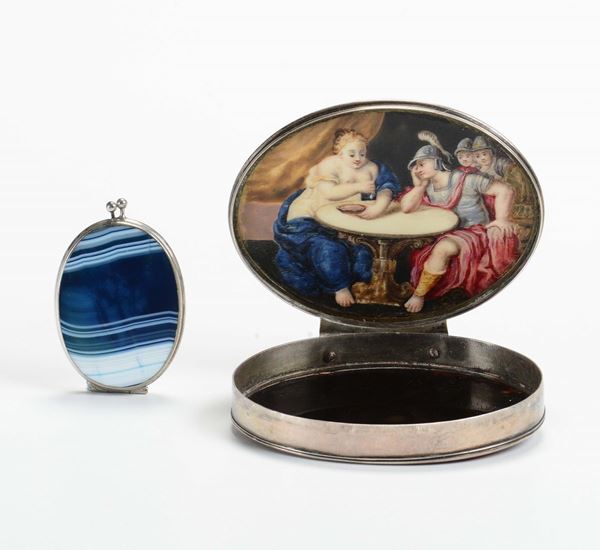 Lotto di due scatoline in argento e pietre dure