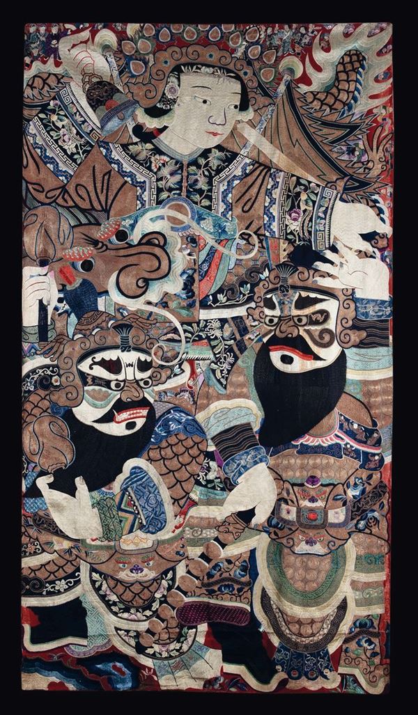 Tessuto ricamato con motivo di guerrieri, Guanyin e dragone, Cina, Dinastia Qing, XIX secolo