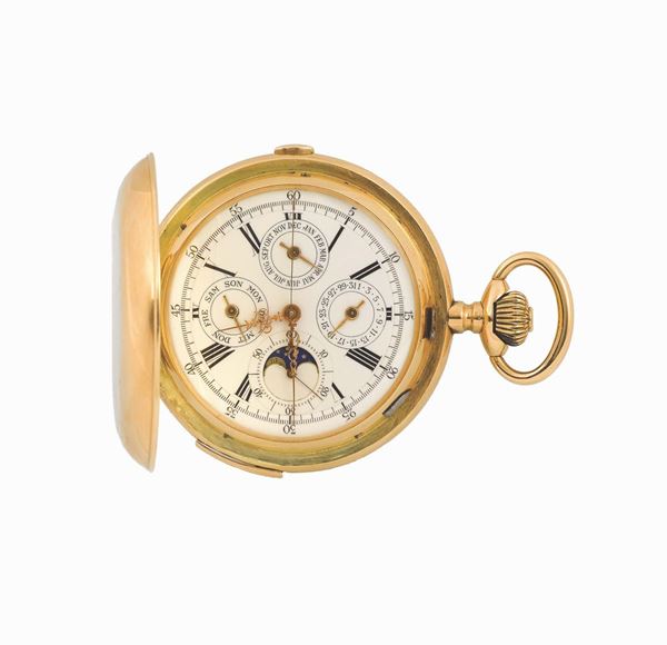 Anonymous, fine, large, 14K yellow gold, quarter repeating, hunting-cased, keyless, pocket watch with chronograph, perpetual calendar, quarter repeating and phases of the moon Made in 1895.