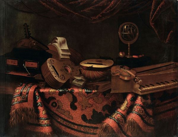 Bartolomeo Bettera (Bergamo 1639 - Milano 1668) Natura morta con tappeto e strumenti musicali