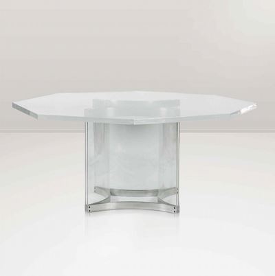 Tavolo in Plexiglass con Dettagli in Acciaio Lucido. Prod. Italia, 1970 Ca.