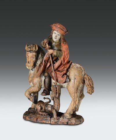 Scultura Policroma il Legno di Tiglio Raffigurante S.giorgio e il Drago, Scultore Tirolese del XV...