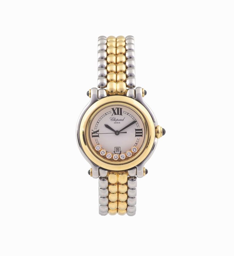 CHOPARD, Happy Sport, Ref. 8237, stainless steel and gold lady's quartz wristwatch with date, diamonds and a Chopard bracelet with deployant clasp. Accompanied by an additional link. Made in the 2000's.  - Auction Watches and Pocket Watches - Cambi Casa d'Aste