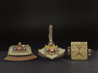 Due Scatoline ed un Accendisigaro in Metallo Argentato e Dorato con Innesti di Pietre Dure, Cina,...