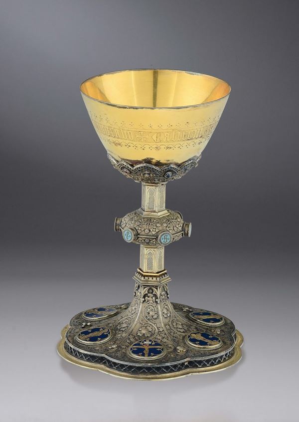 A silver-gilt goblet with enamels in late gothic style, northern central Europe, 1884.