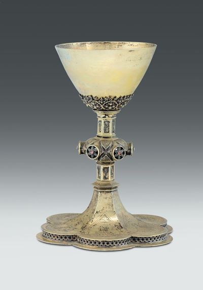 Calice in Argento Dorato in Stile Neogotico, Germania Fine XIX Secolo