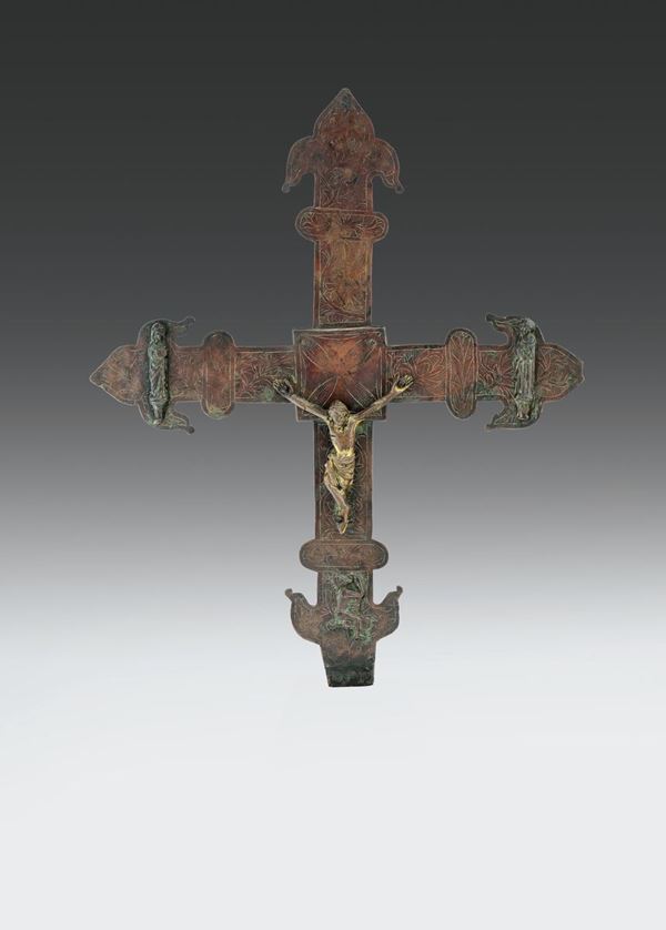 Croce astile in bronzo fuso, cesellato e dorato, oreficeria catalana (Barcellona?) del XIV-XV secolo