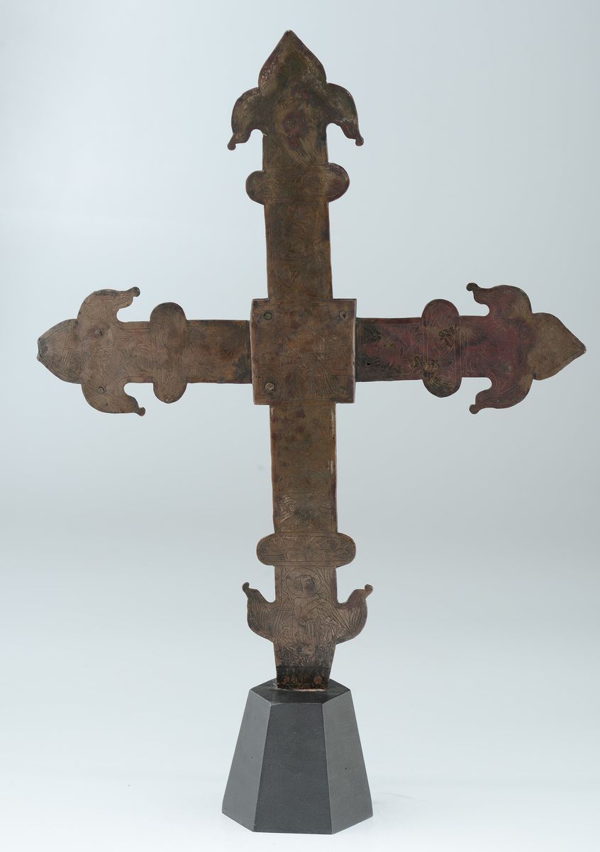 Croce Astile in Bronzo Fuso, Cesellato e Dorato, Oreficeria Catalana (barcellona?) del XIV-XV Sec...