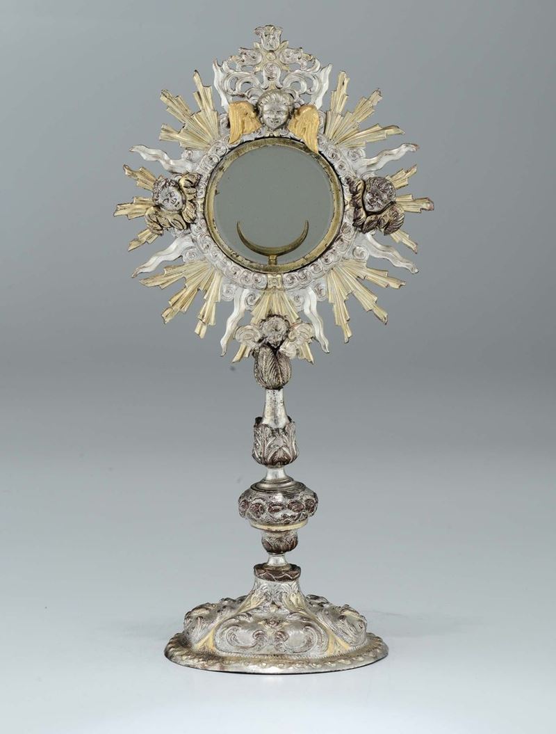 Ostensorio in rame argentato, Italia?, XVIII secolo  - Auction Modern and Contemporary Silvers - Cambi Casa d'Aste