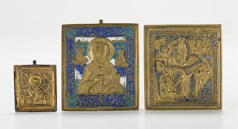 Tre placche in bronzo dorato, arte ortodossa, XIX/XX secolo  - Auction Antique Online Auction - Cambi Casa d'Aste