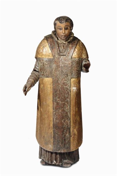 Scultura Raffigurante Santo Diacono in Legno Policromo e Dorato, Sultore Dell’italia Centrale XV-...