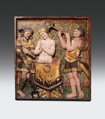 Importante Rilievo in Legno Policromo e Dorato Raffigurante Scena con il Martirio di San Giovanni...
