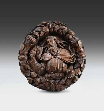 Rilievo in Legno Scolpito con Raffigurazione del Padre Eterno Benedicente Entro Cornice a Festoni...