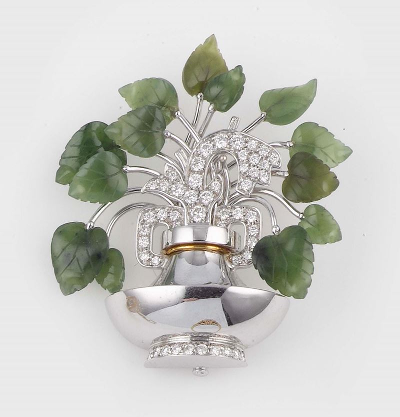 A diamond, nephrite and jadeite brooch.  - Auction Jewels - II - Cambi Casa d'Aste