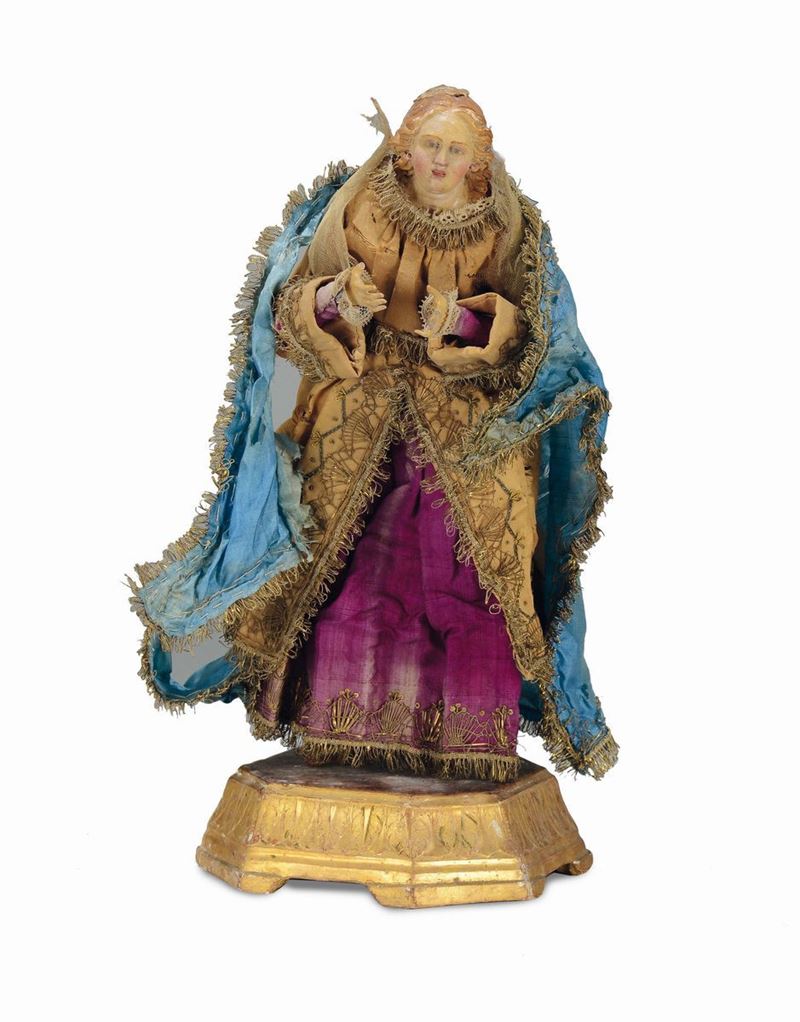 Statuina da presepe su base in legno intagliato e dorato, XVIII secolo  - Asta Antiquariato - Cambi Casa d'Aste