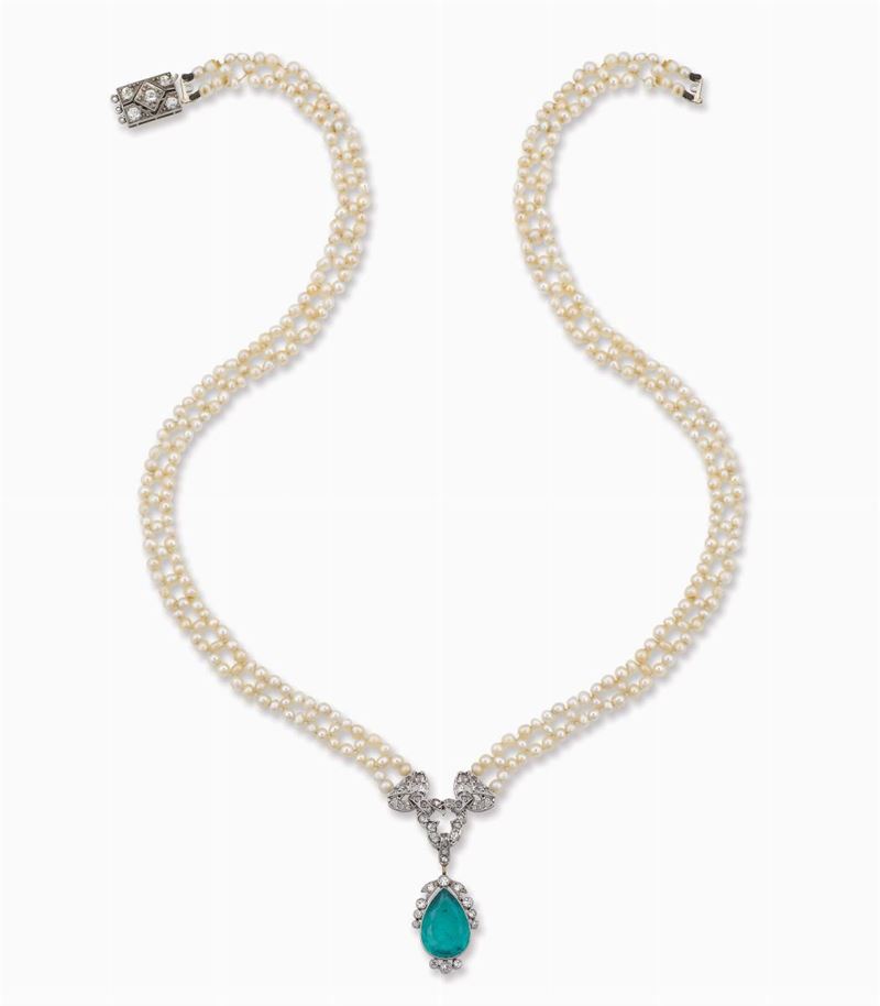 Collana Art Deco con perle naturali e smeraldo taglio goccia  - Asta Fine Jewels - I - Cambi Casa d'Aste