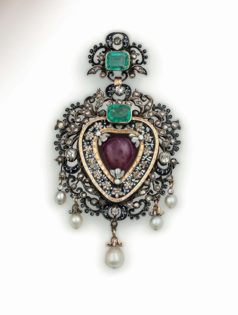 Pendente Renaissance Revival con rubino, smeraldi, perle e smalti  - Asta Fine Jewels - I - Cambi Casa d'Aste