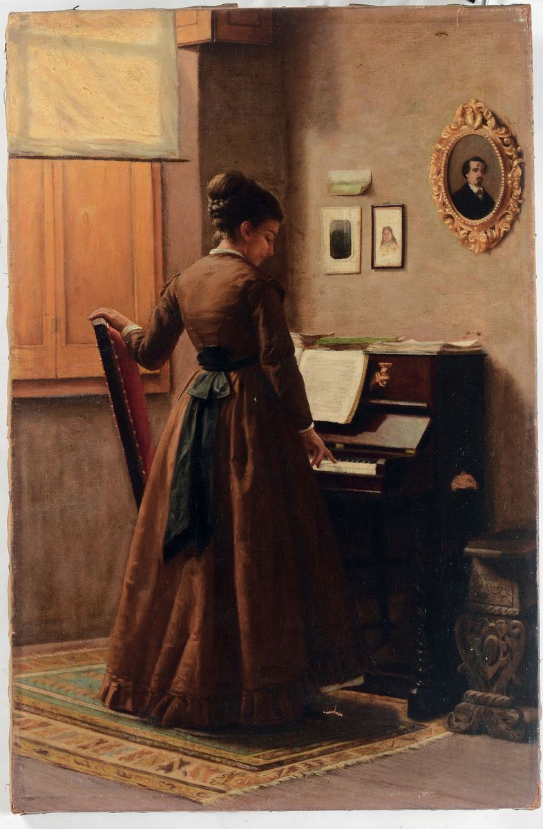 Anonimo Toscano del XIX secolo Figura femminile in un interno  - Asta Dipinti del XIX e XX secolo - Cambi Casa d'Aste