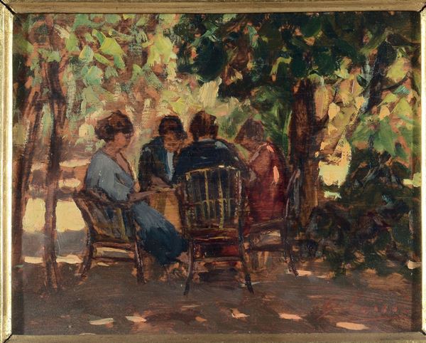 Giovanni Lomi (1889-1969) Donne al tavolo in giardino