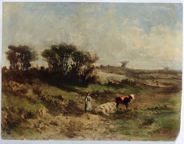 Carlo Pittara - Paesaggio con contadina