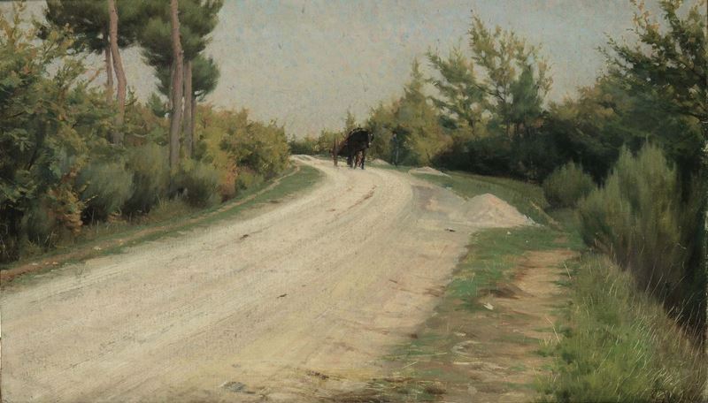 Luigi Gioli (1854 - 1947) Strada di campagna con carro  - Asta Dipinti del XIX e XX secolo - Cambi Casa d'Aste
