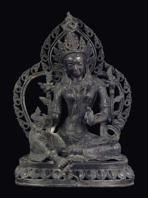 A bronze figure of Amitaya with aura on a lotus flower, China, Qing Dynasty, 19th century