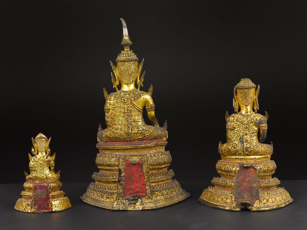 Tre Divinità in Bronzo Dorato, Thailandia, XIX Secolo