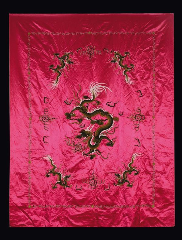 A pink-ground silk cloth embroidered with five green dragons, China, Qing Dynasty, 19th century