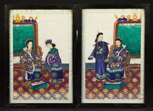 Coppia di dipinti su carta raffiguranti imperatori, Cina, XX secolo