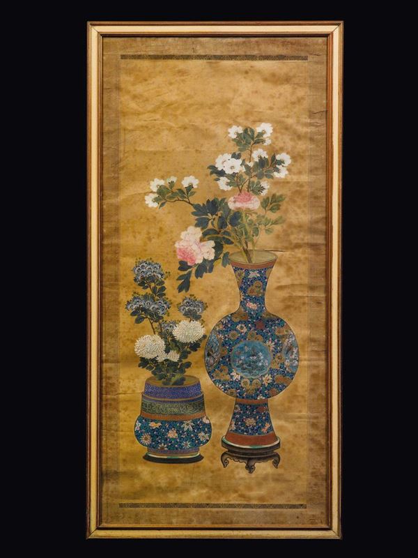 Dipinto su carta incorniciato raffigurante due vasi di fiori, Cina, Dinastia Qing, XIX secolo
