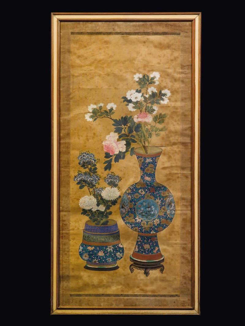 Dipinto su carta incorniciato raffigurante due vasi di fiori, Cina, Dinastia Qing, XIX secolo  - Asta Fine Chinese Works of Art - Cambi Casa d'Aste