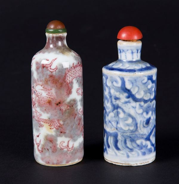 Two polychrome enamelled porcelain snuff bottles, China, 20th century