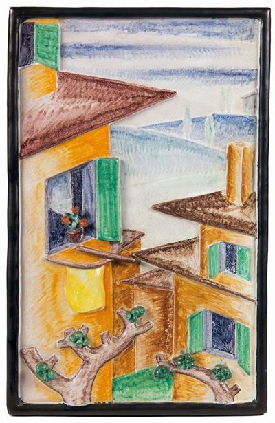 Ugo Zaccagnini, Placca in terracotta smaltata con paesaggio urbano (Firenze, ca. 1940)