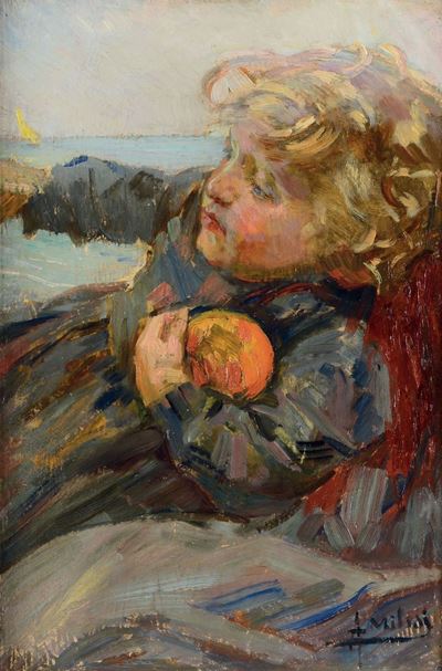 Alessandro Milesi (1856-1945)bozzetto del Dipinto la Barca del Papà