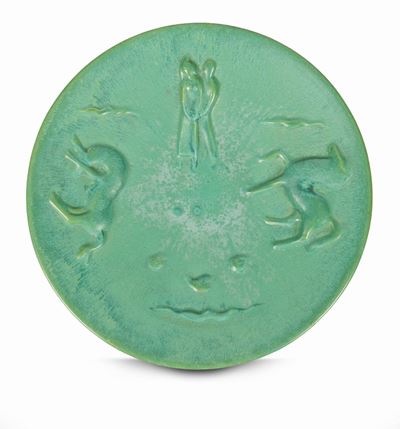 Società Ceramica Italiana, Piatto in terraglia smaltata con figure in rilievo (Angelo Biancini), ...
