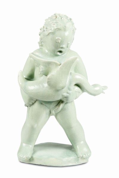 Società Ceramica Italiana, Putto con oca (disegno di Angelo Biancini, Laveno, terraglia a colaggi...