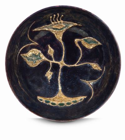 Pietro Melandri, Ciotola in ceramica con decoro floreale in pastiglia su fondo blu (Faenza, 1950 ...