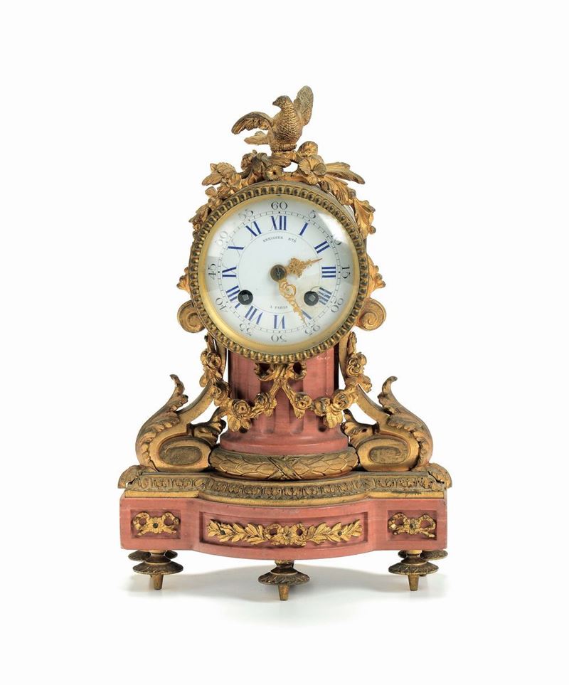 Pendola da tavolo in bronzo dorato e marmo rosa, Francia Kreisser a Paris, XIX-XX secolo  - Auction Fine Art - Cambi Casa d'Aste
