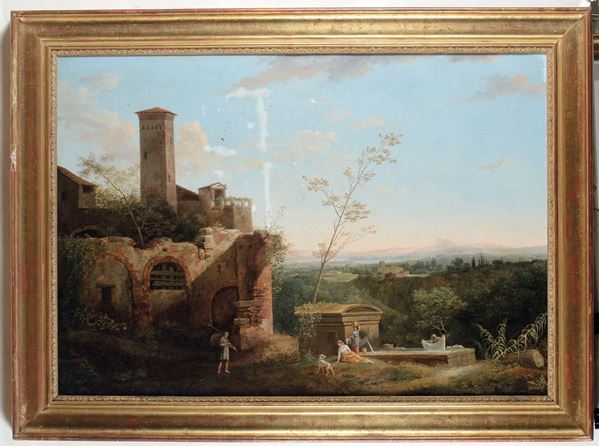 Pittore straniero attivo a Roma nella prima metà del XIX secolo Paesaggio della campagna laziale con scorcio di borgo e figure classiche