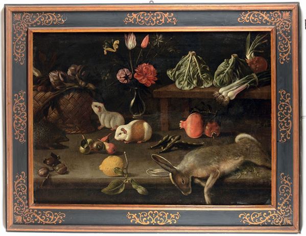 Pittore Romano della prima metà del XVII secolo Natura morta con frutta, fiori e animali