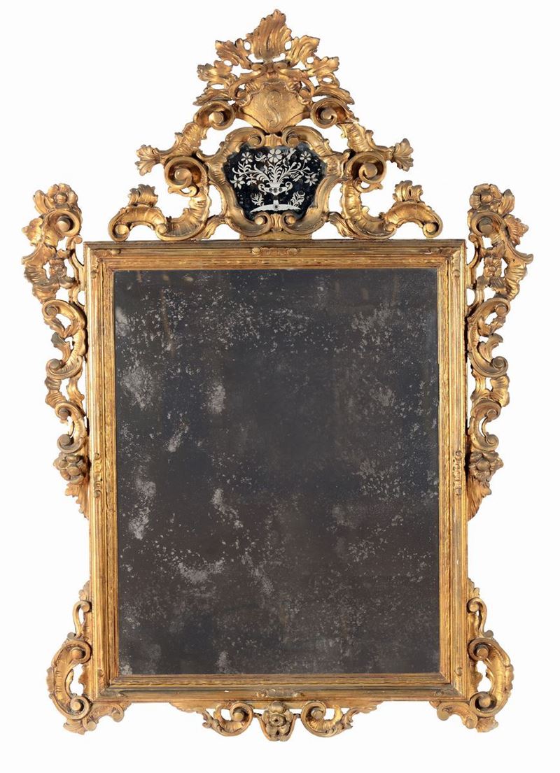 Specchiera in legno intagliato e interamente dorato, Veneto XIX secolo  - Asta Importanti Oggetti e Arredi - Cambi Casa d'Aste