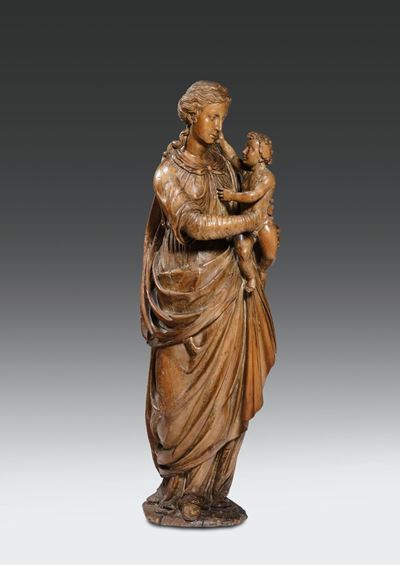 Grande Scultura in Legno Raffigurante Madonna con Bambino, Scultore Operante Nell’italia Centrale...
