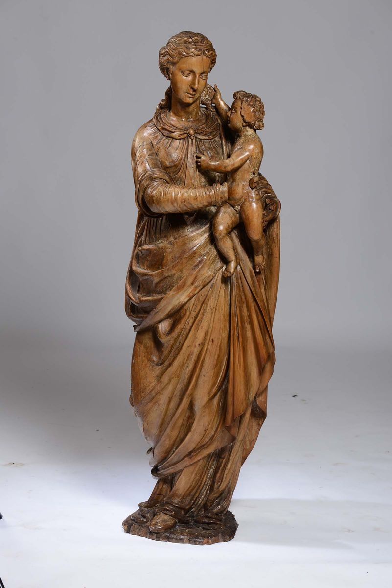 Grande Scultura in Legno Raffigurante Madonna con Bambino, Scultore Operante Nell’italia Centrale...
