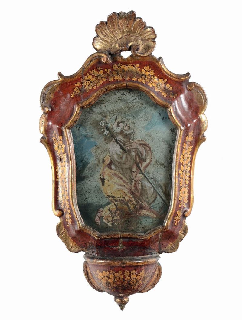 Acquasantiera in legno laccato rosso e oro, Veneto, Secolo XVIII  - Auction Important Artworks and Furnitures - Cambi Casa d'Aste