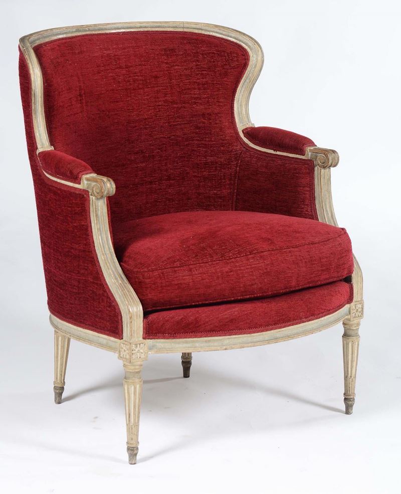 Poltrona in legno laccato grigio con velluto rosso, Francia, epoca Luigi XVI  - Auction Asta a Tempo Antiquariato - II - Cambi Casa d'Aste