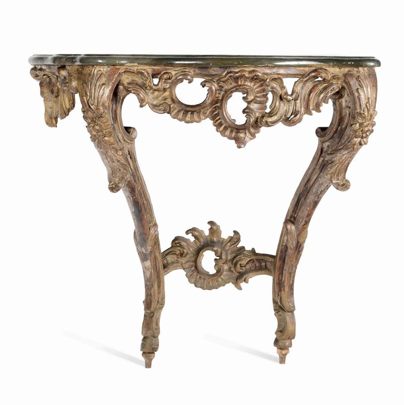 Console a goccia Luigi XV in legno intagliato e dorato a mecca, XVIII secolo  - Auction Important Artworks and Furnitures - Cambi Casa d'Aste