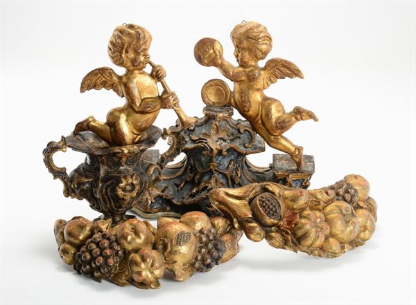 Lotto di sei elementi in legno intagliato e dorato, XVIII-XIX secolo