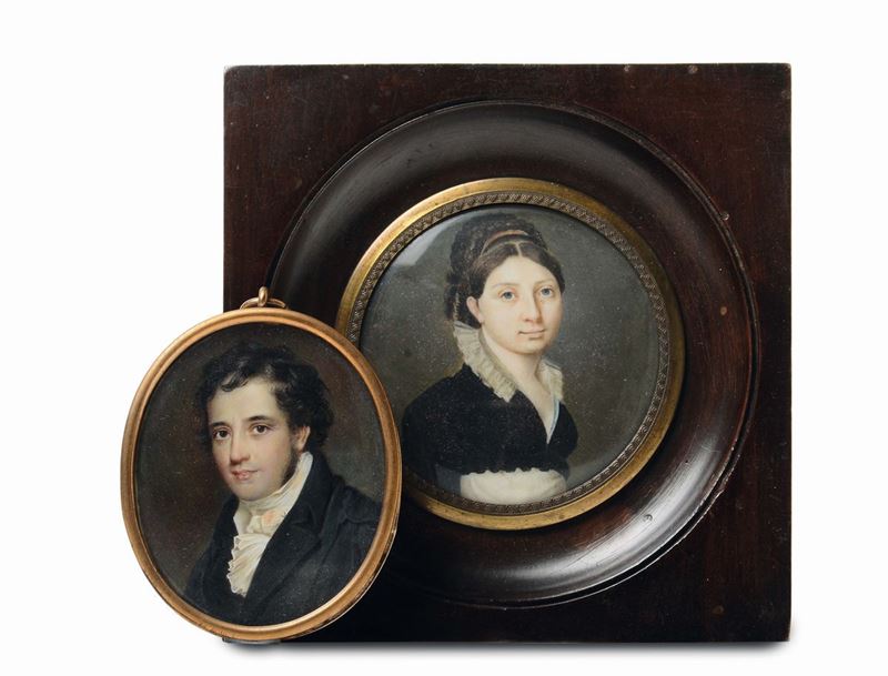 Lotto di due miniature, XIX secolo Gentildonna Gentiluomo  - Asta Antiquariato - Cambi Casa d'Aste